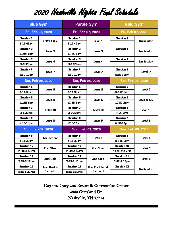 Nashville Nights Final Schedule | Champion Gymnastics
