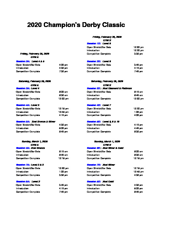 Derby Classic Schedule 2020 updated 2112020 | Champion Gymnastics
