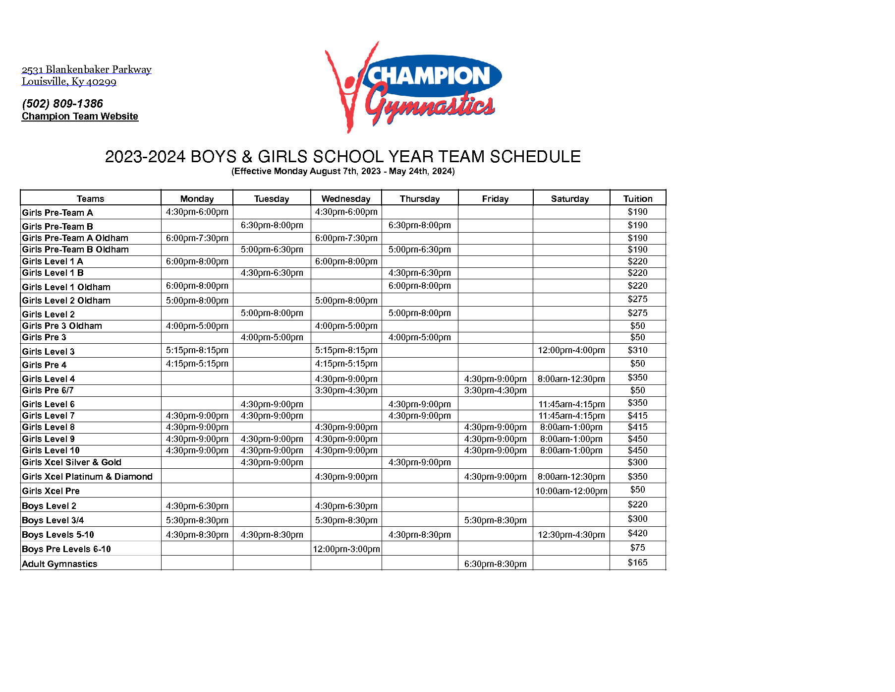 20232024 School Year Schedule Champion Gymnastics